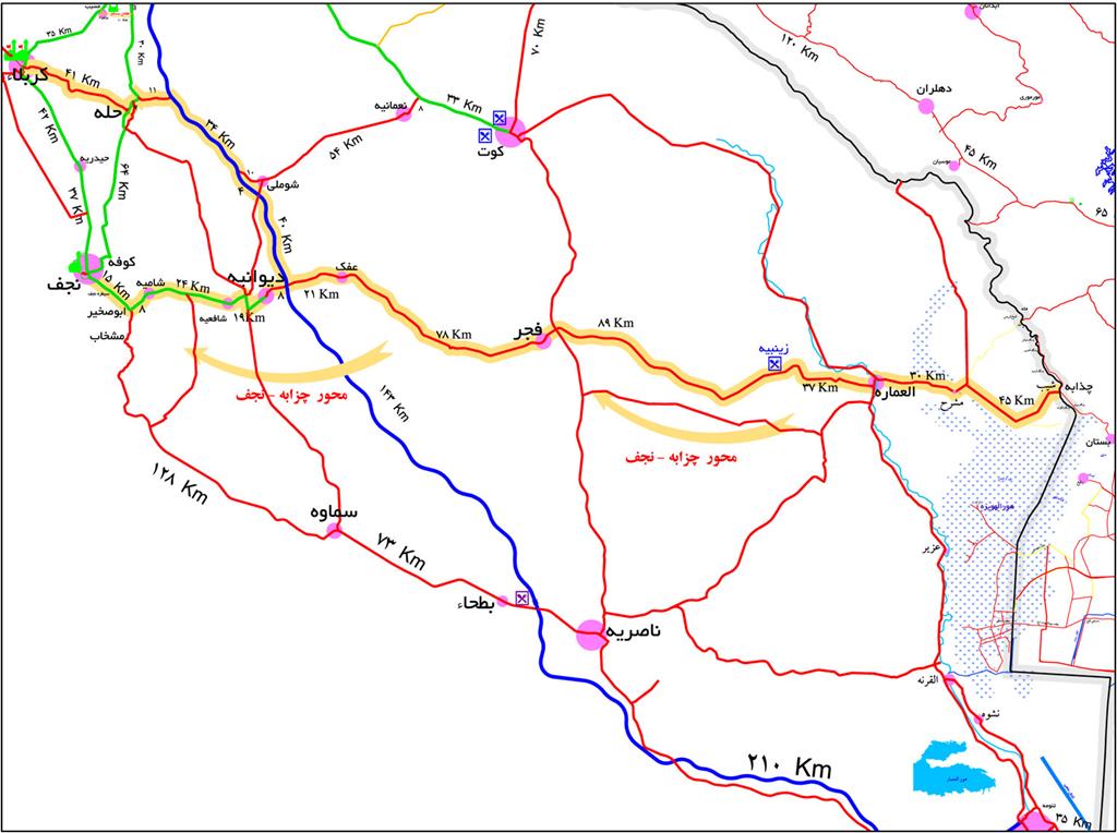 نقشه راهنمایی مرز چذابه تا نجف اشرف